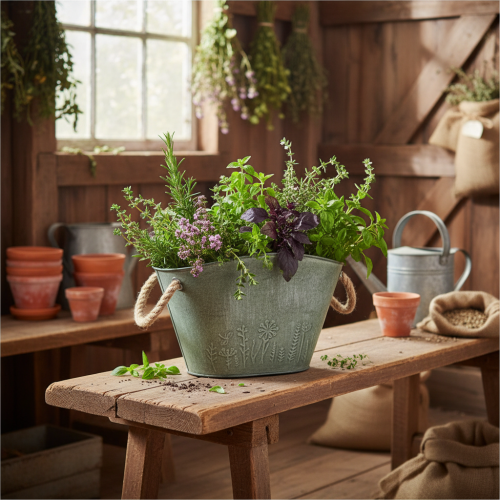 Artikel Bloempot met handvatten, tas, metaal, jute, 24,5 × 17 × 15,5 cm