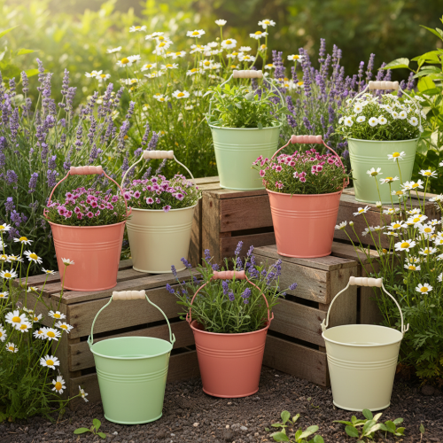 Artikel Emmer met handvat, plantenbak, pastelkleurig metaal, Ø10cm H8cm, 10 stuks