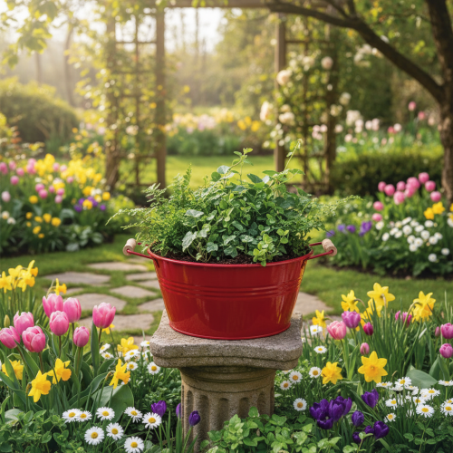 Artikel Decoratieve schaal met handvatten, metalen bloemenschaal, rood, Ø29cm, H14,5cm