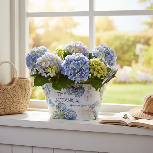 Artikel Bloemvaas met handvatten, hortensiamotief, metaal, 26×13×14,5 cm