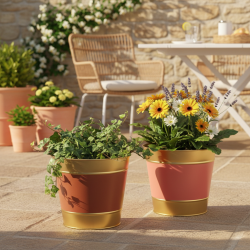 Artikel Metalen plantenpot/bloempot/plantenbak, Ø26cm H22cm, 4 stuks