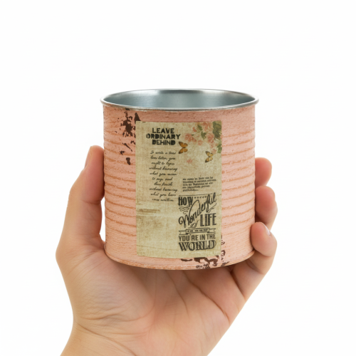 Artikel Bloempot decoratief blik van zalmkleurig metaal, zomerdecoratie Ø11cm H10.5cm