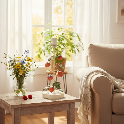 Artikel Metalen kaarsenhouder met aardbeienversiering, crèmekleurig, rond, H26cm