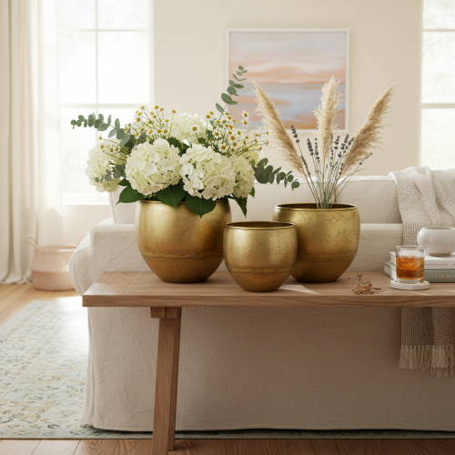 Artikel Decoratieve vazen van metaal met messinglook, Ø18/15/12,5 cm, set van 3