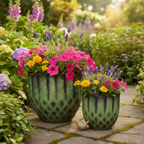 Artikel Vintage metalen bloempot, groen, Ø14/12 cm, set van 2