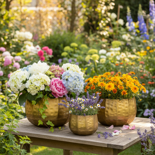 Decoratieve metalen bloempot, messing, Ø22/18/14 cm, set van 3 | Floristik24.nl