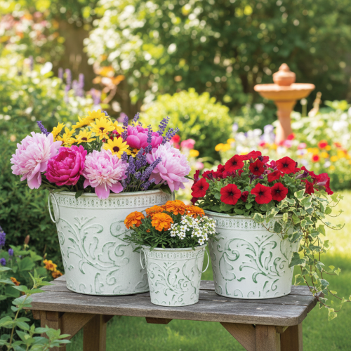 Metalen potten met handvatten, plantenbakken met reliëf, wit, groen, shabby chic, H20.5/18.5/16cm, Ø25.5/20.5/15.5cm, set van 3 | Floristik24.nl