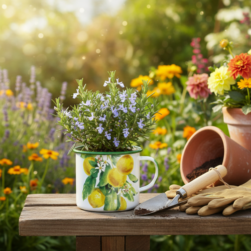 Artikel Emaille plantenpot, decoratieve pot met citroentak, plantenpot in mediterrane stijl Ø9,5 cm H10 cm