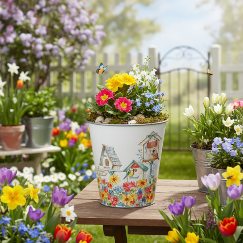 Artikel Blikken pot met vogelhuisjes, zomerdecoratie, plantenbak H14,5cm Ø13,5cm