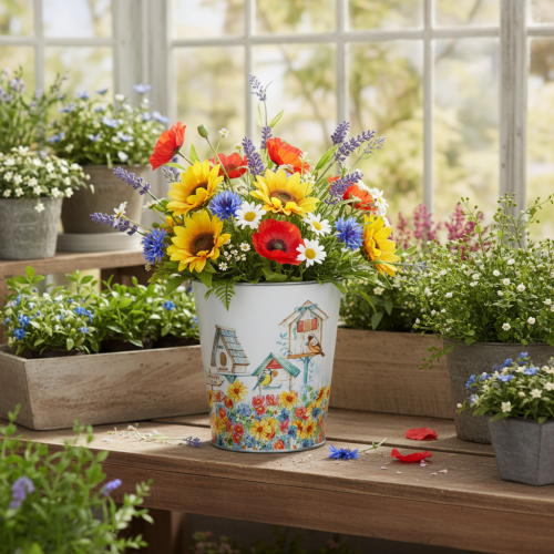 Metalen pot met motief, plantenbak met vogelhuisjes, blikken emmer H13cm Ø11,5cm | Floristik24.nl