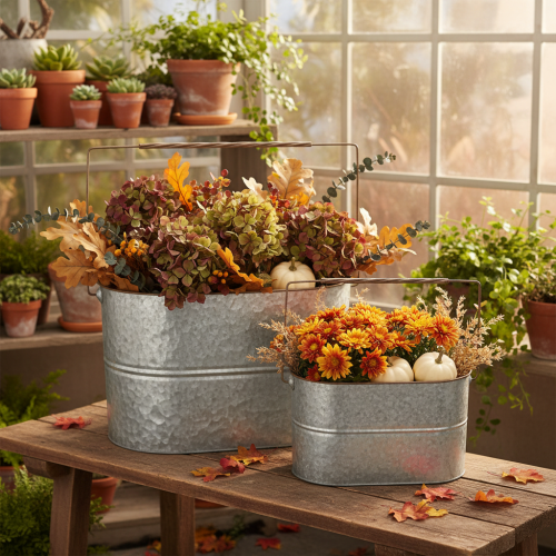 Artikel Bloempot met handvat, metalen pot, plantenbak, zilver, bruin, H22/20cm L42/40cm, set van 2