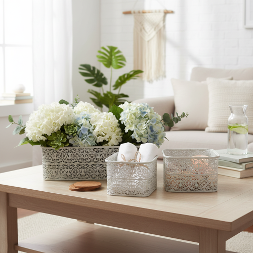 Artikel Metalen kommen met kantpatroon, decoratieve schaal, vierkant, shabby chic, wit, 27/23/19 cm, H13,5 cm, set van 3