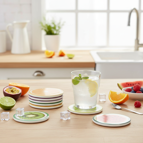 Artikel Set van 6 onderzetters met fruitmotief, tafeldecoratie, keuken en woonkamer, 10 cm, 10 cm