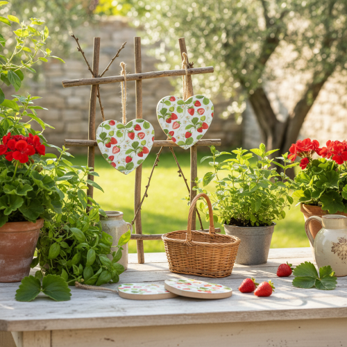 Artikel Decoratief hart met aardbeimotief – Zomerse houten hanger voor een landelijke inrichting, 10 cm x 10 cm, 4 stuks