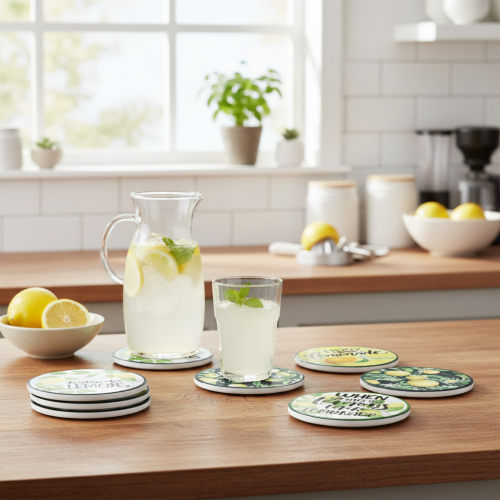 Artikel Citroen decoratieve keramische onderzetters rond assorti Ø10,5cm 6st