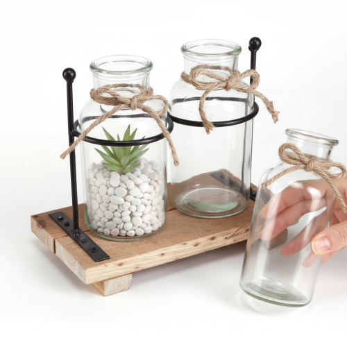 Decoratieve flesvaas, glas en hout, 23x12x19,5 cm, 2 stuks | Floristik24.nl