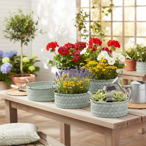 Artikel Decoratieve metalen schaal met handvatten, vintage plantenbak, set van 3