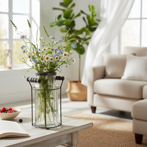 Artikel Glazen fles in een metalen mandje, ideaal als decoratief accent in de woonkamer, 20 cm