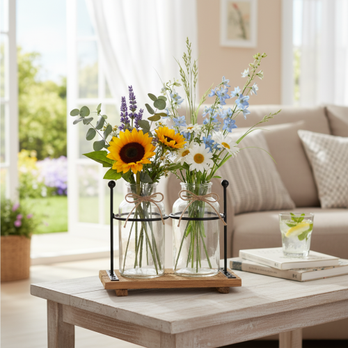 Decoratieve flesvaas, glas en hout, 23x12x19,5 cm, 2 stuks | Floristik24.nl