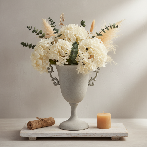 Artikel Vintage metalen trofee, grijs, decoratieve trofee met handvatten, antieke uitstraling, Ø20,5 cm H26,5 cm, voor tafeldecoratie en als plantenbak.