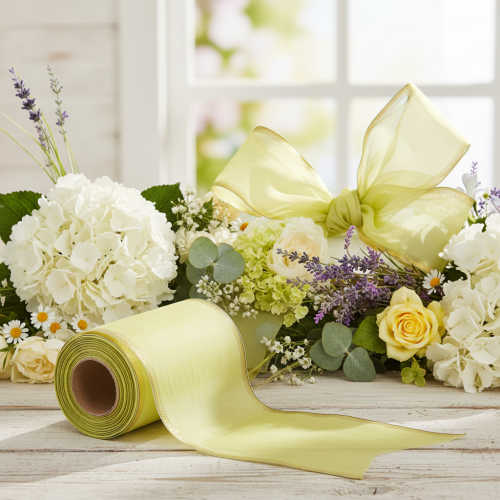 Artikel Moiré kranslint 150 mm 25 m in lichtgroen met gouden rand voor bloemschikken en decoratie