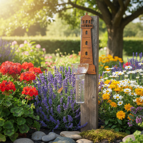 Artikel Regenmeter met vuurtorenlook – Decoratieve regenmeter voor tuin en schutting, 41 cm, roestbruin