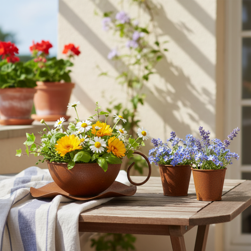 Bloempot met schotel, roestkleurige afwerking, Ø19,5 cm, H8 cm | Floristik24.nl