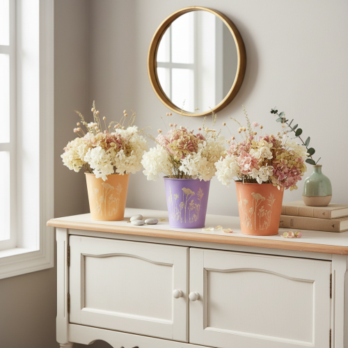 Metalen bloempotjes met bloemenpatroon in pasteltinten Ø10 cm - set van 3 | Floristik24.nl