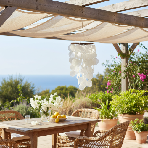 Windgong met Capiz-schelpen, rond, 70 cm lang, voor balkon of tuin. | Floristik24.nl