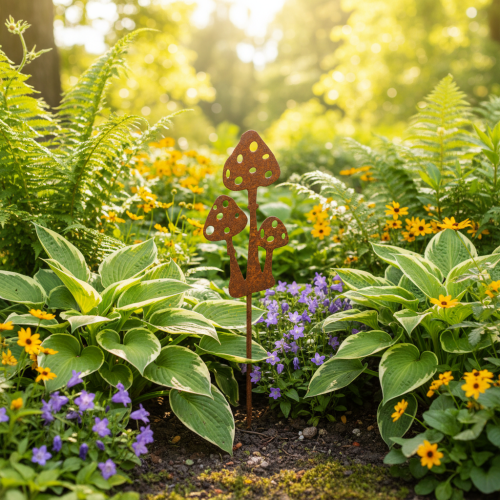 Tuinpaal, verweerd staal, decoratieve paal met vliegenzwammotief, 10 cm, 6 stuks | Floristik24.nl