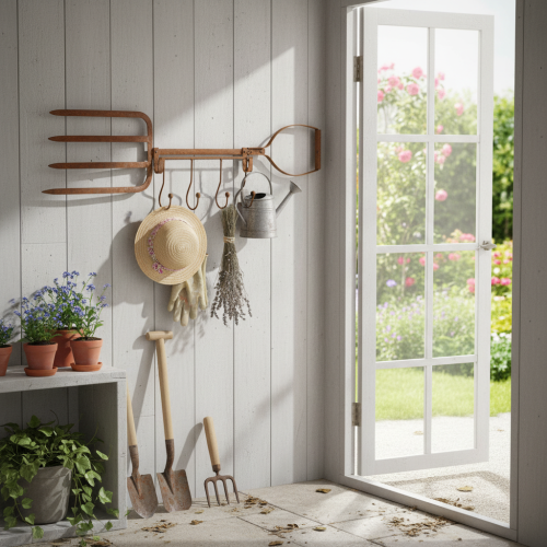 Roestige metalen haakrail, decoratieve hooivork, tuindecoratie, 4 haken, 62 cm | Floristik24.nl