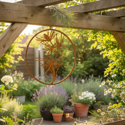 Decoratieve metalen ring, wanddecoratie van verweerd staal, dennentak, Ø38cm | Floristik24.nl