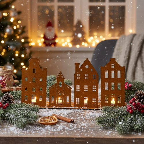 Kerstverlichting in de vorm van een kaars, decoratie in de vorm van huisjes, roestbruin, 52 x 12 cm | Floristik24.nl