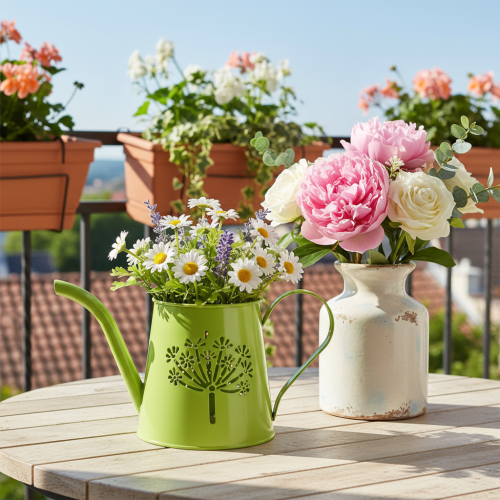 Decoratieve metalen gieter, met paardenbloemmotief, groen, 12 cm hoog, 2 stuks, decoratieve vaas, shabby chic | Floristik24.nl