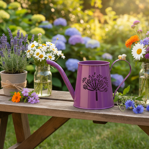 Decoratieve gieter, paars metaal, boho-design, paardenbloemmotief, 12 cm hoog, 2 stuks | Floristik24.nl