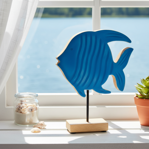 Houten visfiguurtje, maritieme decoratie, handgemaakte tafeldecoratie voor de woonkamer, 22 cm | Floristik24.nl