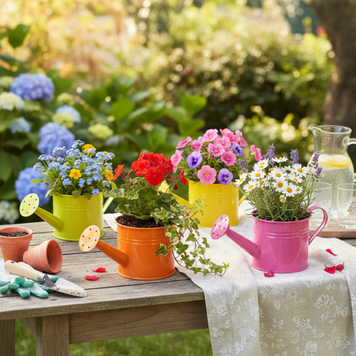 Kleurrijke decoratieve gieter, Ø11cm, H9,5cm, voor het beplanten van planten, lentetafeldecoratie, metaal, set van 8 | Floristik24.nl