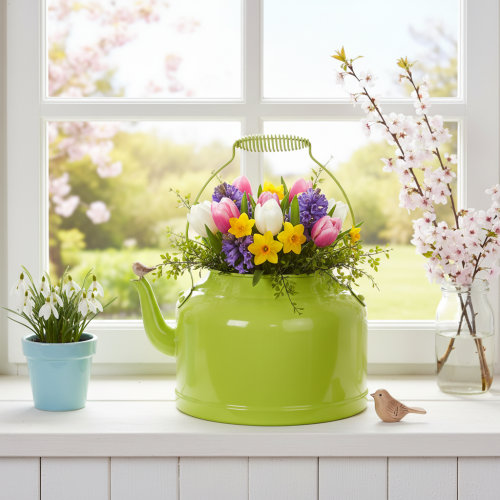 Decoratieve metalen theepot, appelgroen - bloempot - Ø20cm H15cm - veelzijdige tuindecoratie en cadeau-idee | Floristik24.nl