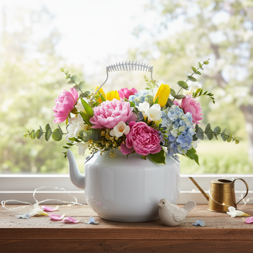 Decoratieve metalen theepot met vintage-look voor bloemstukken. | Floristik24.nl