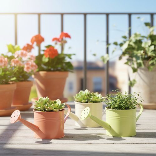 Decoratieve gieterset in pastel zalmroze, groen en geelgroen - metalen plantenbak Ø11cm H10cm, 8 stuks | Floristik24.nl
