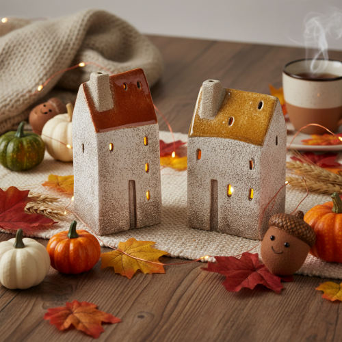 Keramische huisdecoratie met schoorsteen, theelichthuisje, herfst en winter, 13 cm, 2 stuks | Floristik24.nl