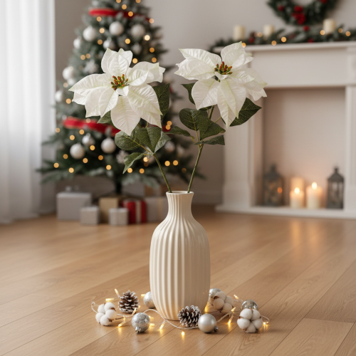 Kunstmatige witte poinsettia, grote bloeiende takdecoratie, 65 cm, 2 stuks | Floristik24.nl