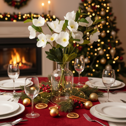 Kerstroos kunstbloem, wit, decoratief boeket kunstbloemen, 40 cm, 4 stuks | Floristik24.nl