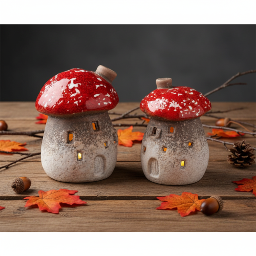 Decoratieve beeldjes van een vliegenzwam met schoorsteen (10 cm, 2 stuks) in de vorm van een vuurtoren. | Floristik24.nl