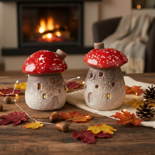 Decoratieve beeldjes van een vliegenzwam met schoorsteen (10 cm, 2 stuks) in de vorm van een vuurtoren. | Floristik24.nl
