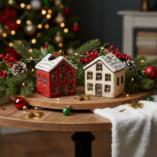 Keramische kaarsenhouder, decoratief huisje met sneeuw voor tafeldecoratie, 7 cm, 2 stuks | Floristik24.nl