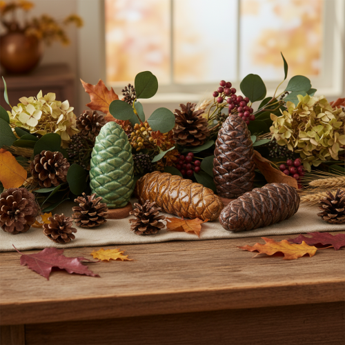 Keramische dennenappeldecoratie, tafeldecoratie, herfst, 14 cm, 3 stuks | Floristik24.nl