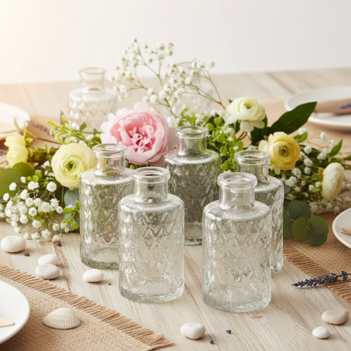 Mini glazen vaasje met diamantpatroon, klein tafelvaasje, flesje, transparant, 9 cm, 6 stuks | Floristik24.nl