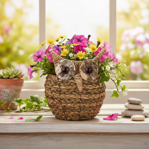 Handgeweven uilenmandje als decoratie voor de vensterbank, 18 cm | Floristik24.nl
