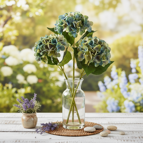 Artikel Kunstmatige hortensiabloem, blauwgroen, decoratieve enkele steel, 53 cm